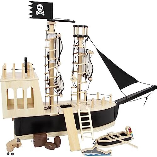 Small Foot piratenschip voor buigpoppen van hout, groot speelschip met veel accessoires en functies, 12411