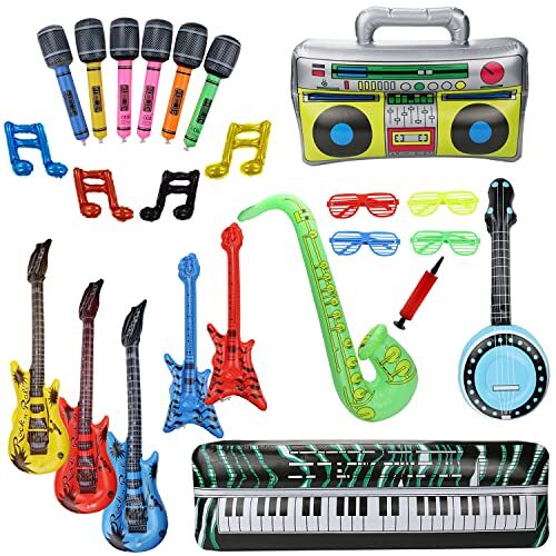 Lilwemen 24-delige opblaasbare Rockstar speelgoedset, opblaasbare gitaar, saxofoon, microfoon, piano, radio, gettoblaster, ballonnen, grappige muziekinstrumenten, accessoires voor kinderen, feest