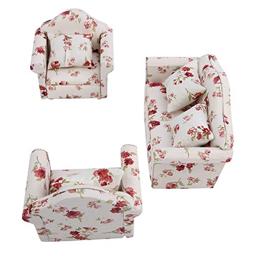 LenTLy Doll Sofa Set, Houten 1/12 Schaal Bloem Patroon Meubels Sets Mini Sofa Set voor Fotografie Props (grote bloemtros)