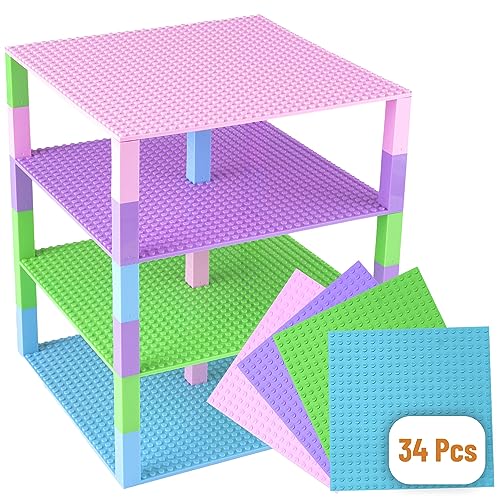 Strictly Briks Brik Tower Klassieke bouwplaten 100% compatibel met alle grote merken 4 stapelbare bouwplaten & 30 Stackers blauw, groen, roze & paars 25,5 x 25,5 cm (de bouwplaten)