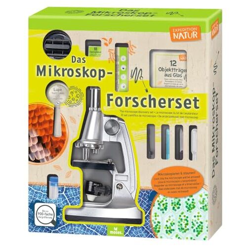 moses . Expedition Nature microscoop voor kinderen vanaf 8 jaar, hoogwaardige 40-delige microscoop set met 3-voudige vergroting: 100x 400x 900x, microscoop onderzoeksset met accessoires