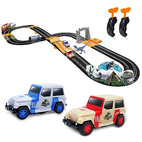 Relsy Electric Race Car Track Set With Ramp, Includes 2 x Slot Car, Dinosaur Figure & Accessories, Jurassic Park Kids Toys 4.4M / 14.5FT Racetrack For Kids 105022JW