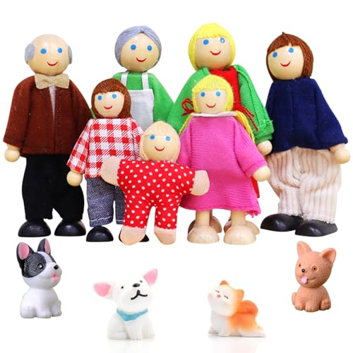 Ruikdly Poppenhuis poppen, 11 stuks poppenhuis figuren poppenfamilie set houten pop speelgoed met kat en hond poppenfamilie figuren buigpoppen voor poppenhuis accessoires cadeau