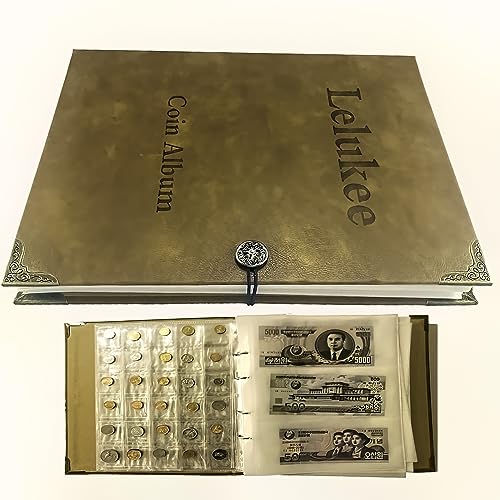 Lelukee Portemonnee voor verzamelaars, bankbiljettenalbum bevat 240 bankbiljetten + 150 muntvakken, bankbiljetten herdenkingsmunten vochtbestendig leren album verzamelaccessoires