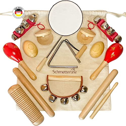 SCHMETTERLINE ® Kinderritme muziekinstrumentenset premium percussie-instrumenten van hout met tas van puur katoen 15 stuks Afgeronde ritme-instrumenten voor kinderen vanaf 3 jaar