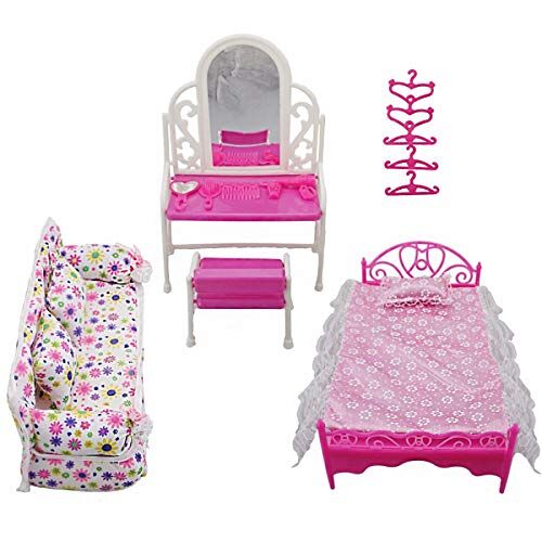 Gojiny Miniatuur poppenhuismeubilair, 8 stuks prinses meubels accessoires kinderen cadeau 1 x dressoir set + 1 x bank set+1 x bed set + 5 x hangers voor barbiepop