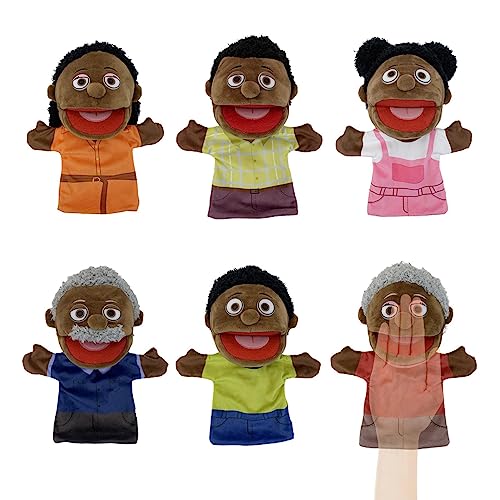 Maseyivi Handpoppenset 6 stuks multiculturele marionetten voor meisje en jongen   28cm show zwarte multiculturele poppen voor kinderen familieleden, beweegbare mond, leraren klaslokaal benodigdheden