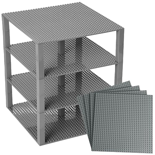 Strictly Briks Brik Tower Klassieke bouwplaten 100% compatibel met alle grote merken voor torens, plankjes en meer 4 bouwplaten & 30 Stackers grijs 25,5 x 25,5 cm (de bouwplaten)