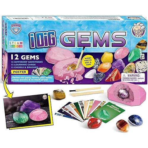 Dr. Daz Edelstenen graafkits 12 edelstenen graafkits met 12 echte edelstenen Mega edelstenen graafkit voor kinderen Science STEM cadeau voor meisjes en jongens leeftijd 6 7 8 9 10 11 12 jaar oud