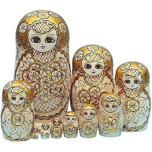 ARZARF Stapelpoppen Russische poppen 10-laags prachtige handgemaakte houten nestpoppen Cadeauwenspoppen Gouden kleverige reliëfpoppen