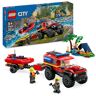 Lego City 4x4 brandweerauto met reddingsboot Set voor Kinderen vanaf 5 jaar, Inclusief een Speelgoed Auto, Boot, Rubberboot, Aanhangwagen en Tent, plus Kampeerder en Brandweerlieden Minifiguren 60412