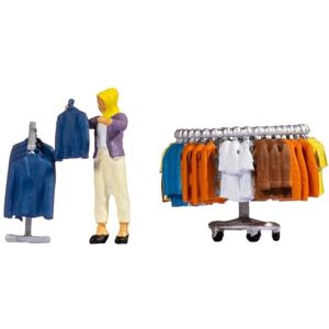 NOCH Tiny-Scenes "Kledingaankoop", modelfiguren voor H0, realistische marktscène met verkoopstandaarden voor modelbouw NOCH Tiny-Scenes "Kledingaankoop", modelfiguren voor H0, realistische marktscène met verkoopstandaarden voor modelbouw