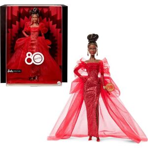 Barbie Signature Pop, Mattel 80ste Verjaardag, verzamelpop in glinsterende japon van rode tule, met lange oorbellen en doorzichtige handschoenen, brunette, JBJ18 Barbie Signature Pop, Mattel 80ste Verjaardag, verzamelpop in glinsterende japon van rode tule, met lange oorbellen en doorzichtige handschoenen, brunette, JBJ18