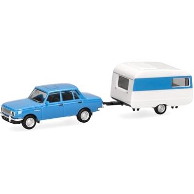 Herpa modelauto Wartburg 353 '82 limousine met Qek-aanhanger, hemelsblauw, miniatuur op schaal 1:87, verzamelobject, Made in Germany, kunststof model Herpa modelauto Wartburg 353 '82 limousine met Qek-aanhanger, hemelsblauw, miniatuur op schaal 1:87, verzamelobject, Made in Germany, kunststof model