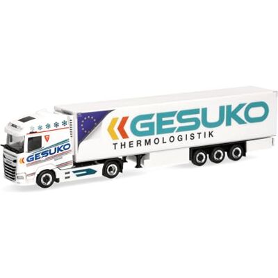 Herpa vrachtwagen model DAF XG koeloplegger "GESUKO", trekker met laadkraan en achtersteun, schaal 1:87, voor diorama, modelbouw, verzamelobject, Made in Germany, kunststof Herpa vrachtwagen model DAF XG koeloplegger "GESUKO", trekker met laadkraan en achtersteun, schaal 1:87, voor diorama, modelbouw, verzamelobject, Made in Germany, kunststof