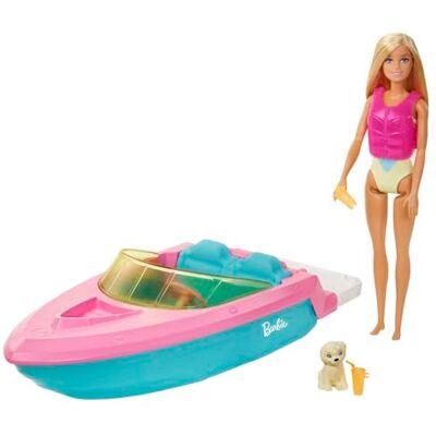 Barbie Pop en Boot, speelset met puppy, reddingsvest en accessoires, boot drijft echt en biedt plaats aan 3 poppen, cadeau voor kinderen van 3 7 jaar, GRG30 Barbie Pop en Boot, speelset met puppy, reddingsvest en accessoires, boot drijft echt en biedt plaats aan 3 poppen, cadeau voor kinderen van 3 7 jaar, GRG30