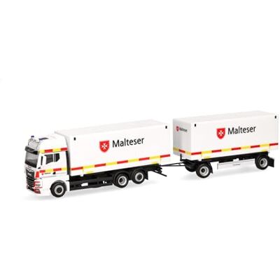 Herpa vrachtwagenmodel MAN TGX GX wissellaadbak-aanhangercombinatie „Malteser/Bad Reichenhall”, miniatuur schaal 1:87, verzamelobject, Made in Germany, kunststof Herpa vrachtwagenmodel MAN TGX GX wissellaadbak-aanhangercombinatie „Malteser/Bad Reichenhall”, miniatuur schaal 1:87, verzamelobject, Made in Germany, kunststof