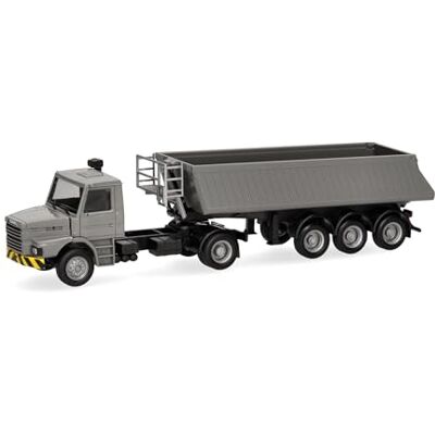 Herpa vrachtwagenmodel Mercedes-Benz Scania torpedotrekker met kipperoplegger, grijs/geel, miniatuur op schaal 1:87, verzamelmodel, Made in Germany, kunststof Herpa vrachtwagenmodel Mercedes-Benz Scania torpedotrekker met kipperoplegger, grijs/geel, miniatuur op schaal 1:87, verzamelmodel, Made in Germany, kunststof