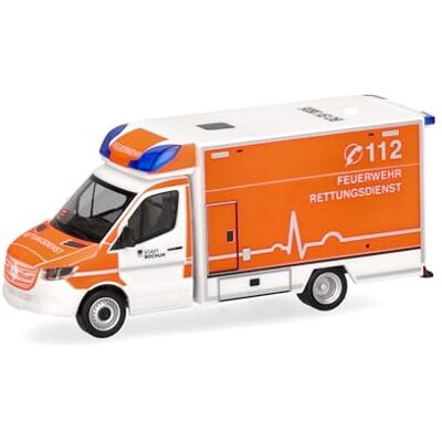 Herpa Modelauto Mercedes-Benz Sprinter 18 RTW Brandweer Bochum, miniatuur op schaal 1:87, verzamelstuk, Made in Germany, model van kunststof, daglichtrood, wit Herpa Modelauto Mercedes-Benz Sprinter 18 RTW Brandweer Bochum, miniatuur op schaal 1:87, verzamelstuk, Made in Germany, model van kunststof, daglichtrood, wit