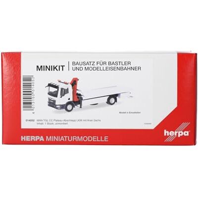Herpa Modelbouwset MAN TGM Flatbed sleepwagen met kraan (1 stuk), miniatuur in schaal 1:87, verzamelobject, bouwpakket voor modelbouw, kunststof Herpa Modelbouwset MAN TGM Flatbed sleepwagen met kraan (1 stuk), miniatuur in schaal 1:87, verzamelobject, bouwpakket voor modelbouw, kunststof