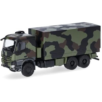 Herpa Vrachtwagen Model Mercedes-Benz Arocs 6x6 Flatbed/Canvas, gedecoreerd, miniatuur op schaal 1:87, verzamelobject, Made in Germany, kunststof Herpa Vrachtwagen Model Mercedes-Benz Arocs 6x6 Flatbed/Canvas, gedecoreerd, miniatuur op schaal 1:87, verzamelobject, Made in Germany, kunststof
