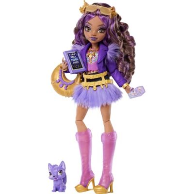 Monster Cable Clawdeen Wolf-pop met wolvenwelp Weerwolf in paarse motorjas en pluizige rok met Crescent en 7 accessoires zoals boek, croissant en tas, JHK30 Monster Cable Clawdeen Wolf-pop met wolvenwelp Weerwolf in paarse motorjas en pluizige rok met Crescent en 7 accessoires zoals boek, croissant en tas, JHK30