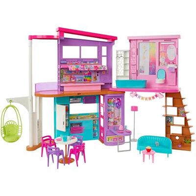 Barbie Vakantiehuis poppenhuis speelset met accessoires Poppenhuis met 2 verdiepingen, 6 kamers, lift, schommel, 30+ accessoires, 3 jaar+, HCD50 Barbie Vakantiehuis poppenhuis speelset met accessoires Poppenhuis met 2 verdiepingen, 6 kamers, lift, schommel, 30+ accessoires, 3 jaar+, HCD50