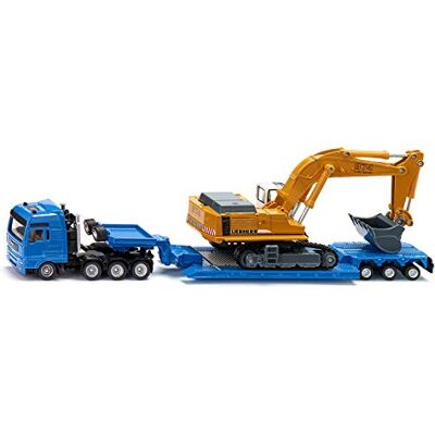 SIKU 1847, Vrachtwagen met dieplader voor zwaar transport, 1:87, metaal/kunststof, blauw/geel, ontkoppelbare aanhanger SIKU 1847, Vrachtwagen met dieplader voor zwaar transport, 1:87, metaal/kunststof, blauw/geel, ontkoppelbare aanhanger