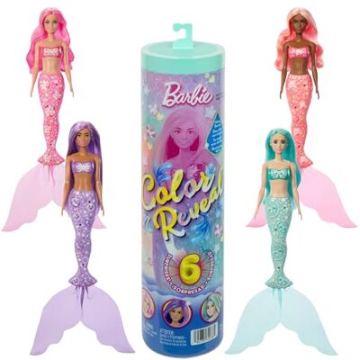 Barbie Color Reveal Zeemeerminserie Pop en Accessoires met 6 verrassingen, waaronder kleurverandering en bedeltjes (stijlen kunnen verschillen), JMW61 Barbie Color Reveal Zeemeerminserie Pop en Accessoires met 6 verrassingen, waaronder kleurverandering en bedeltjes (stijlen kunnen verschillen), JMW61