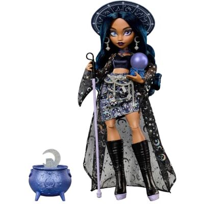 Monster Cable Pop, Moonspell Magic Claire de Luna Helderziende heks in blauwe kleding met ketelverrassing en accessoires zoals kristallen bol, hoed en spreukenboek, JMB89 Monster Cable Pop, Moonspell Magic Claire de Luna Helderziende heks in blauwe kleding met ketelverrassing en accessoires zoals kristallen bol, hoed en spreukenboek, JMB89