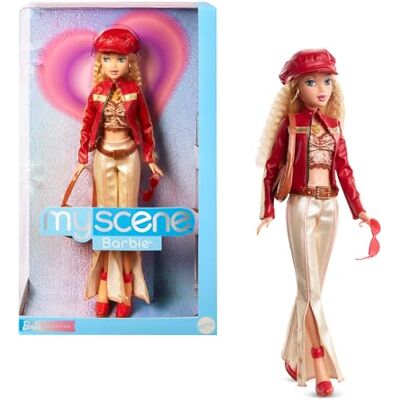 Barbie Signature My Scene Pop en Accessoires, in op Y2K geïnspireerde outfit met kunstleren jack, broek met wijde pijpen, zadeltas en poppenstandaard, HYC17 Barbie Signature My Scene Pop en Accessoires, in op Y2K geïnspireerde outfit met kunstleren jack, broek met wijde pijpen, zadeltas en poppenstandaard, HYC17