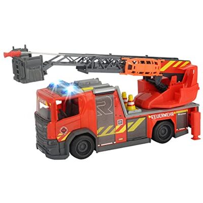 Dickie Toys 203716017 Scania draailadder brandweer, waterspuitfunctie, rozenbouwer, licht & geluid, incl. batterijen, met uittrekbare draailadder & poten, 25 cm, rood Dickie Toys 203716017 Scania draailadder brandweer, waterspuitfunctie, rozenbouwer, licht & geluid, incl. batterijen, met uittrekbare draailadder & poten, 25 cm, rood
