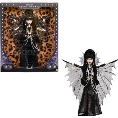 Monster Cable Skullector Elvira, Mistress of the Dark-pop Elvira-verzamelpop in zwarte jurk van imitatieleer met zilveren vleermuiscape en premium accessoires, poppenstandaard, HYV99 Monster Cable Skullector Elvira, Mistress of the Dark-pop Elvira-verzamelpop in zwarte jurk van imitatieleer met zilveren vleermuiscape en premium accessoires, poppenstandaard, HYV99