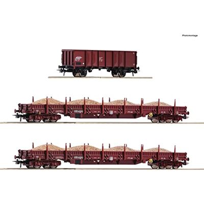 Roco 77041 H0 3-delige set goederenwagons van de DR twee platte wagens type Res, open goederenwagen Ga Roco 77041 H0 3-delige set goederenwagons van de DR twee platte wagens type Res, open goederenwagen Ga