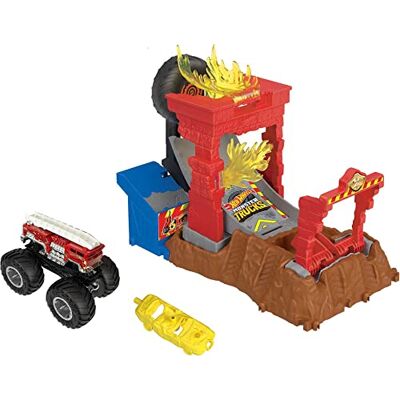 Hot Wheels Monstertrucks Arena Slopers Uitdaging met Hoogste Brandalarm, speelset met brandweertruck die wordt gebruikt bij het hoogste alarm en 1 kreukelbare auto, HNB90 Hot Wheels Monstertrucks Arena Slopers Uitdaging met Hoogste Brandalarm, speelset met brandweertruck die wordt gebruikt bij het hoogste alarm en 1 kreukelbare auto, HNB90