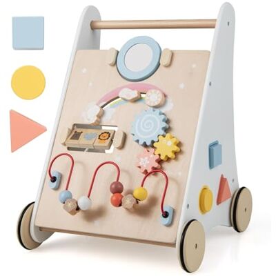 FANTASK 7-in-1 loophulp van hout, loopwagen om te duwen met opbergdoos in wit, loopwagen met speelbord, spiegel en bouwblokken, loophulp baby vanaf 1 jaar FANTASK 7-in-1 loophulp van hout, loopwagen om te duwen met opbergdoos in wit, loopwagen met speelbord, spiegel en bouwblokken, loophulp baby vanaf 1 jaar