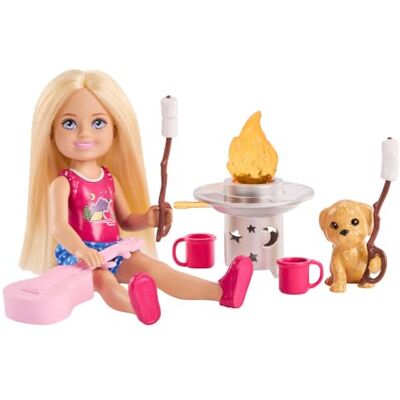 Barbie Chelsea Buitenavonturen Speelset, Familie en Vrienden, Kleine Blonde Pop, Puppy en meer dan 5 Kampeeraccessoires, JJV61 Barbie Chelsea Buitenavonturen Speelset, Familie en Vrienden, Kleine Blonde Pop, Puppy en meer dan 5 Kampeeraccessoires, JJV61