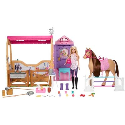 Barbie Speelgoedstal, speelset met pop, paard en accessoires, meer dan 25 onderdelen en 6 speelplekken, geïnspireerd op Mysteries: De Grote Paardenjacht, JDN43 Barbie Speelgoedstal, speelset met pop, paard en accessoires, meer dan 25 onderdelen en 6 speelplekken, geïnspireerd op Mysteries: De Grote Paardenjacht, JDN43