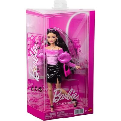 Barbie Luxe Stijl Pop 13 in Roze core Velveteen Top met Pofmouwen, Zwarte Vinyl Minirok, Zwart Haar, Roze Portemonnee en Zonnebril, JJN76 Barbie Luxe Stijl Pop 13 in Roze core Velveteen Top met Pofmouwen, Zwarte Vinyl Minirok, Zwart Haar, Roze Portemonnee en Zonnebril, JJN76