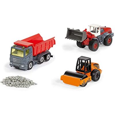 SIKU 6329, Cadeauset wegenbouw, kiepwagen, Liebherr-shovel, wals, beweegbare onderdelen, incl. granulaat SIKU 6329, Cadeauset wegenbouw, kiepwagen, Liebherr-shovel, wals, beweegbare onderdelen, incl. granulaat