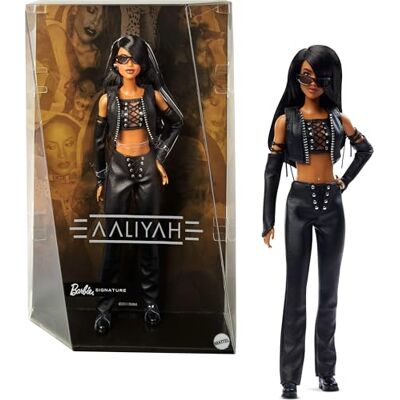 Barbie Signature Aaliyah Inbare Pop in Zwart Kunstleren Outfit, HRM80 Barbie Signature Aaliyah Inbare Pop in Zwart Kunstleren Outfit, HRM80