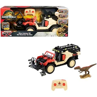 Matchbox Jurassic World op afstand bestuurbaar voertuig dino-jager, op batterijen werkende auto met afstandsbediening en dinosaurusfiguur, dino-jager en vangkooi voor transport, JHB67 Matchbox Jurassic World op afstand bestuurbaar voertuig dino-jager, op batterijen werkende auto met afstandsbediening en dinosaurusfiguur, dino-jager en vangkooi voor transport, JHB67