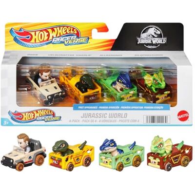 Hot Wheels Speelgoedauto's, RacerVerse Set van 4, metalen voertuigen met personages uit Jurassic World als chauffeur: Charlie, Owen, Dilophosaurus en Allosaurus, HKD32 Hot Wheels Speelgoedauto's, RacerVerse Set van 4, metalen voertuigen met personages uit Jurassic World als chauffeur: Charlie, Owen, Dilophosaurus en Allosaurus, HKD32