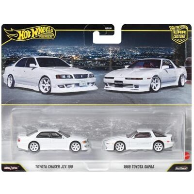 Hot Wheels Premium Touge 2-pack met Toyota Chaser JZX100 & Supra Car Culture-set van 2 Japanse bergauto's met Real Riders-banden en metalen carrosserie/chassis, JHW57 Hot Wheels Premium Touge 2-pack met Toyota Chaser JZX100 & Supra Car Culture-set van 2 Japanse bergauto's met Real Riders-banden en metalen carrosserie/chassis, JHW57