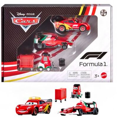 Mattel Disney en Pixar Cars x Formula 1 3-pack voertuigset Flash McQueen, Francesco Bernoulli & Alex Machino met bandenstapel en gereedschapswagen Mattel Disney en Pixar Cars x Formula 1 3-pack voertuigset Flash McQueen, Francesco Bernoulli & Alex Machino met bandenstapel en gereedschapswagen