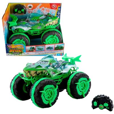 Hot Wheels Monster Trucks All-Terrain Great Bite RC Speelgoed met afstandsbediening, rijdt op land en in water, stunt-wheelies en spins op Mutant Grip-banden, JMM76 Hot Wheels Monster Trucks All-Terrain Great Bite RC Speelgoed met afstandsbediening, rijdt op land en in water, stunt-wheelies en spins op Mutant Grip-banden, JMM76