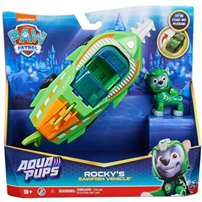 Paw Patrol Aqua Pups Transformerend Zaagvis-voertuig met Rocky-speelfiguur Paw Patrol Aqua Pups Transformerend Zaagvis-voertuig met Rocky-speelfiguur