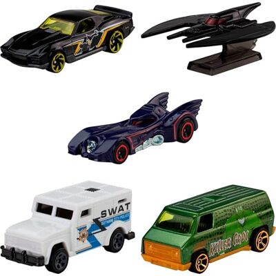 Hot Wheels set van 5 Batman voertuigen, set van 5 metalen speelgoedauto's op een schaal van 1:64, inclusief een Batmobile, Batplane en gepantserde truck, JLN10 Hot Wheels set van 5 Batman voertuigen, set van 5 metalen speelgoedauto's op een schaal van 1:64, inclusief een Batmobile, Batplane en gepantserde truck, JLN10