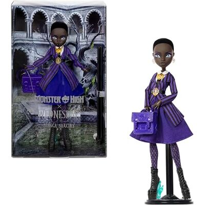 Monster Cable x Wednesday Bianca Barclay-pop Verzamelpop in Nevermore Academy-uniform met sireneamulet en rugzakaccessoires, poppenstandaard, JDR71 Monster Cable x Wednesday Bianca Barclay-pop Verzamelpop in Nevermore Academy-uniform met sireneamulet en rugzakaccessoires, poppenstandaard, JDR71