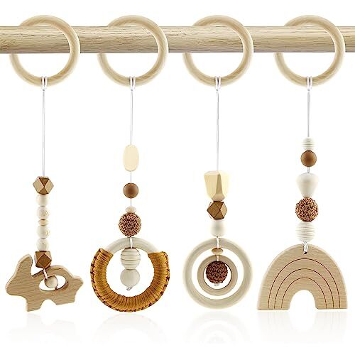 BINYI Speelboog babyspeelgoed vanaf 0 maanden speelbogen baby gym hanger hout 4 stuks speelboog baby speelgoed voor meisjes jongens babyspeelgoed voor babyzitje kinderwagen autostoel speelgoed (bruin)